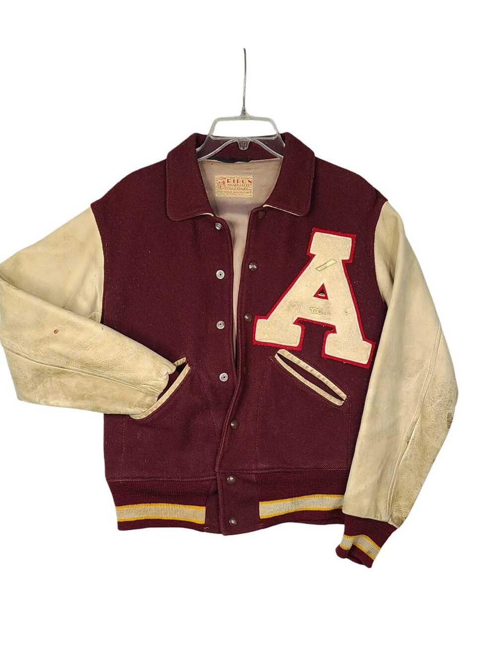 1950s Ripon Vintage Letterman Varsity Jacket Burgandy Wool Leather Sleeve Small